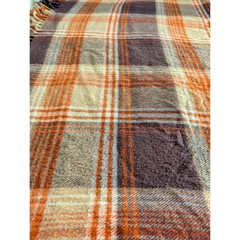 Faribo Plaid Tartan Throw‎ Blanket Fringe Brown Acrylic Made in USA Vintage